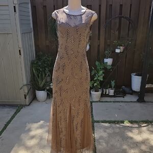 Candalite Tan Maxi Dress with Leaf Pattern Lined